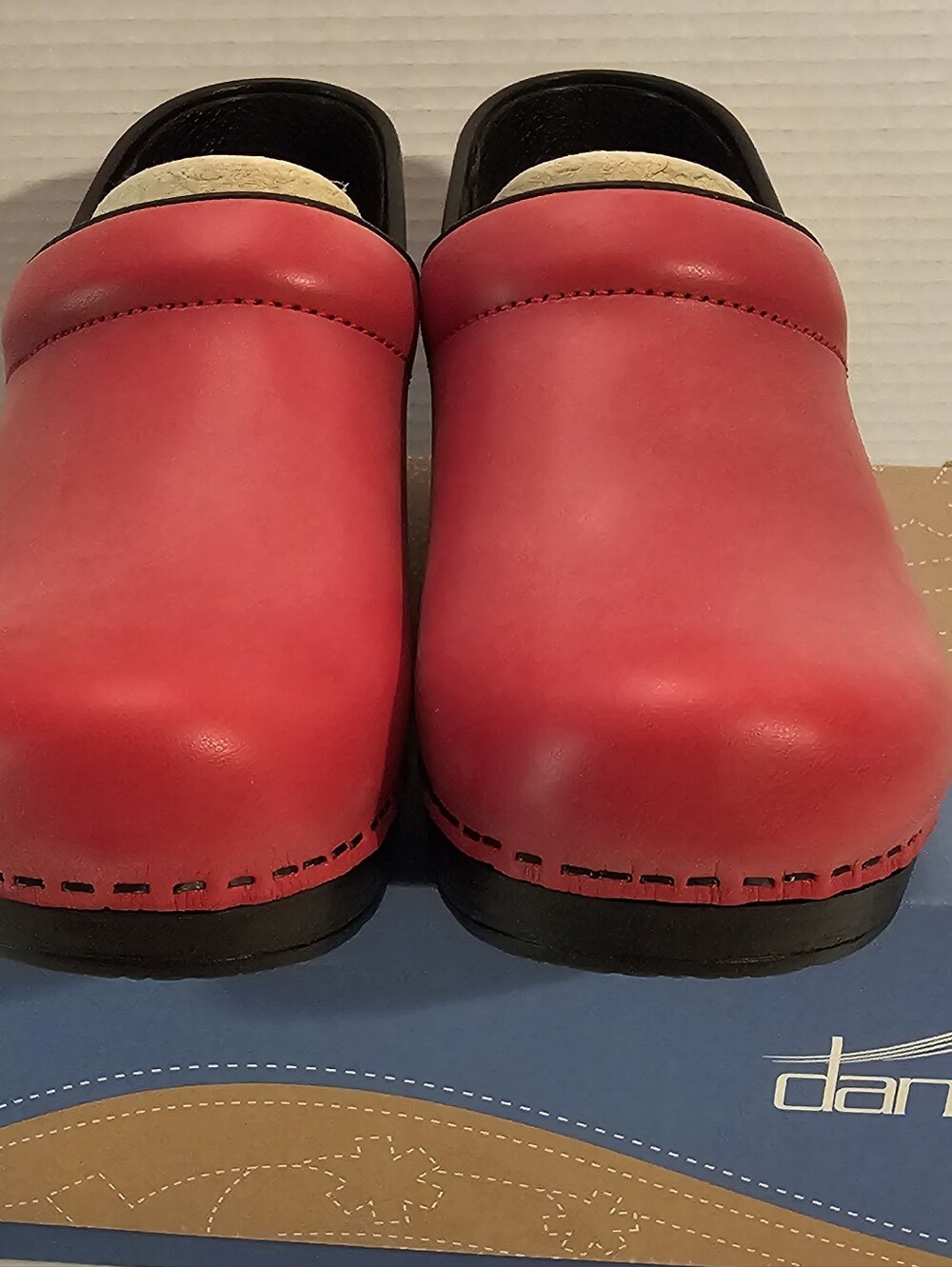 Dansko Red Leather Slip-On Clogs with Black Trim - Picture 7 of 15
